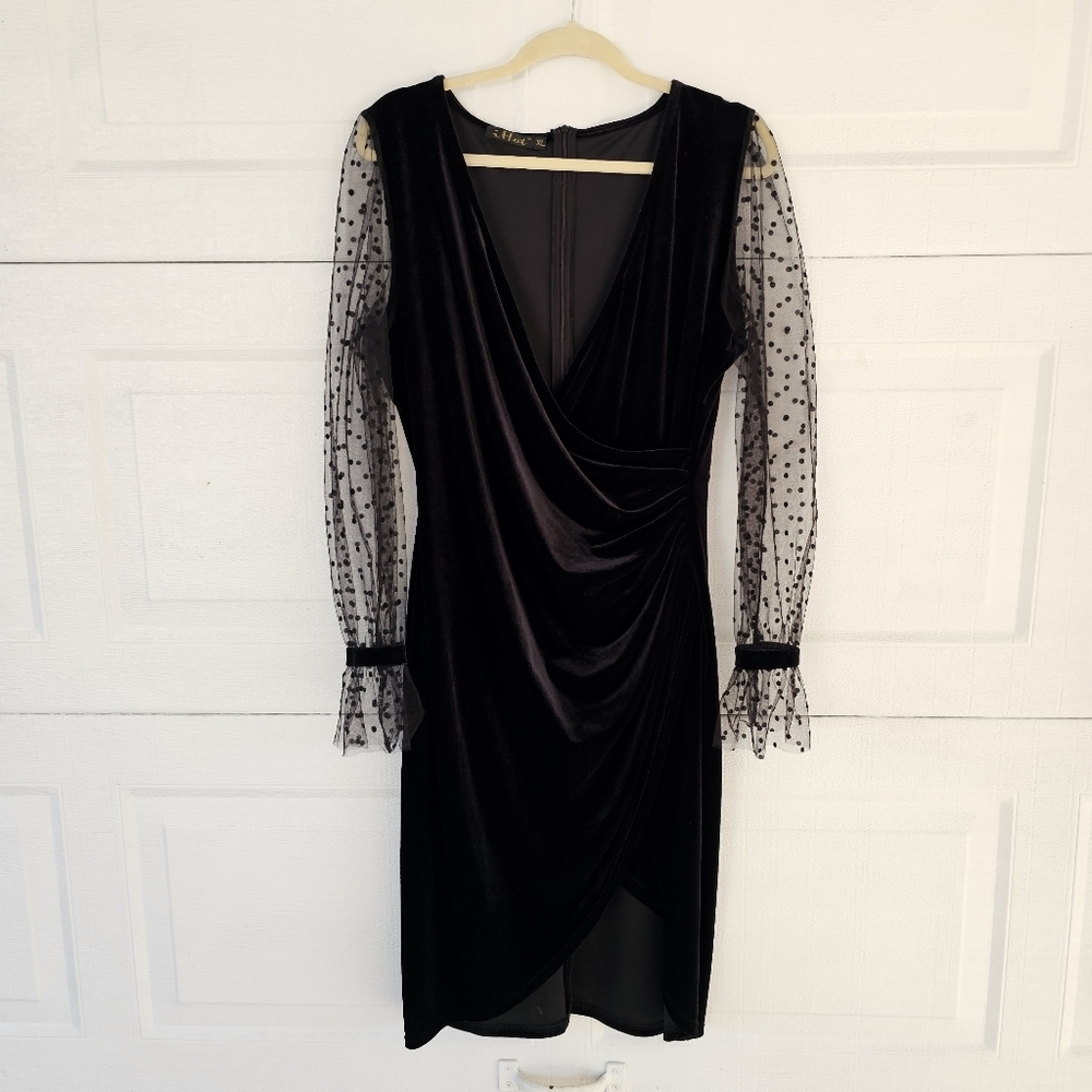 iHot XL Woman's Velvet Elegant Black Dress with Sheer Polka Dot Long Sleeves - Picture 3 of 15